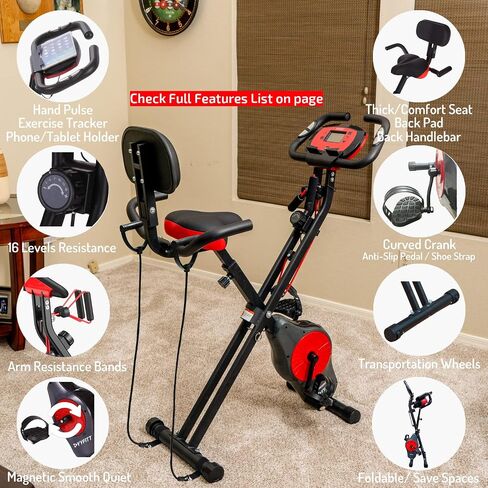 YYFITT 3-In-1 Exercise Bikes for Home | Folding Stationary Bike with Arm Workout Bands - 16 Levels Magnetic Resistance - Indoor Excersize Bike with Thick and Comfortable Seat, Hand Pulse and Phone/Tablet Holder in Saudi Arabia