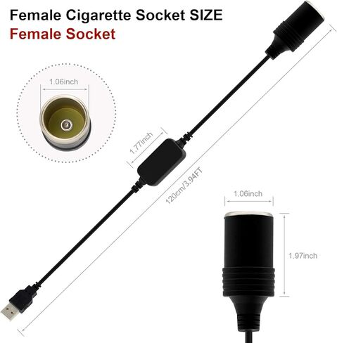 USB إلى مقبس ولاعة السجائر، USB A ذكر إلى 12 فولت مقبس ولاعة السجائر في السيارة أنثى كابل محول الطاقة 3.94FT (2 حزمة) in Kuwait