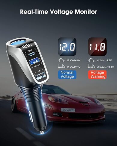 Dual Cigarette Lighter Splitter w LED Voltmeter, BUVAYE USB C Car Charger, 2-Socket Cigarette Lighter Adapter, 12V/24V QC3.0 PD30W, Fast Charging 5 Devices Simultaneously for Dash Cam GPS Pad Phone in Saudi Arabia