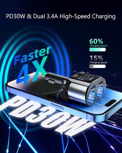 Dual Cigarette Lighter Splitter w LED Voltmeter, BUVAYE USB C Car Charger, 2-Socket Cigarette Lighter Adapter, 12V/24V QC3.0 PD30W, Fast Charging 5 Devices Simultaneously for Dash Cam GPS Pad Phone in Saudi Arabia