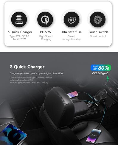 YANTU ولاعة السجائر محول شاحن USB، محول شاحن السيارة مع 12 فولت تمديد الرصاص USB متعدد المقبس، in Kuwait