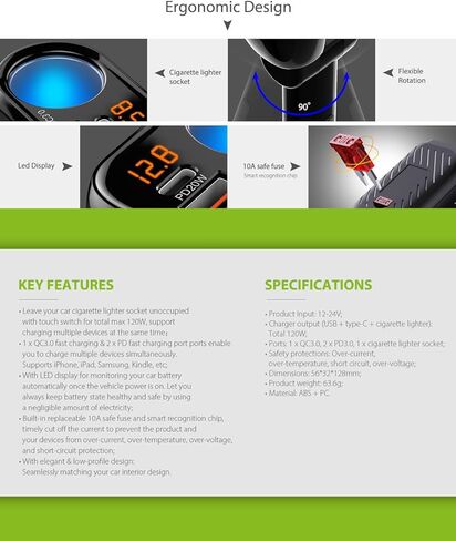 YANTU ولاعة السجائر محول شاحن USB، محول شاحن السيارة مع 12 فولت تمديد الرصاص USB متعدد المقبس، in Kuwait
