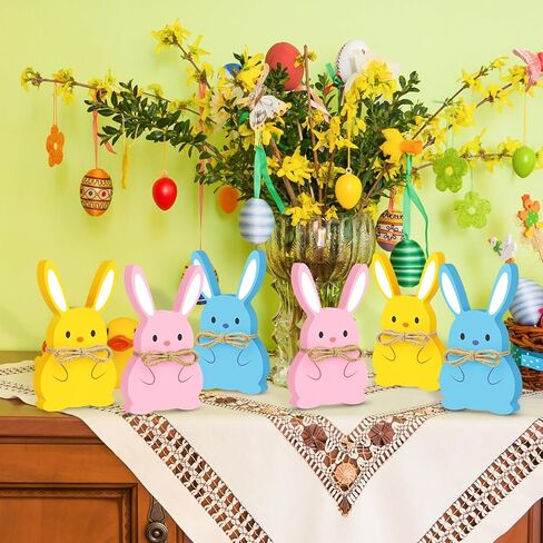 tyl&tys 3 قطع ديكور أرنب عيد الفصح، ديكورات طاولة عيد الفصح، لافتة على شكل أرنب خشبي مع حبل الجوت، صينية متدرجة الربيع، حفلة المزرعة، مكتب مكتب المطعم، ديكور الغرفة المركزية in Kuwait