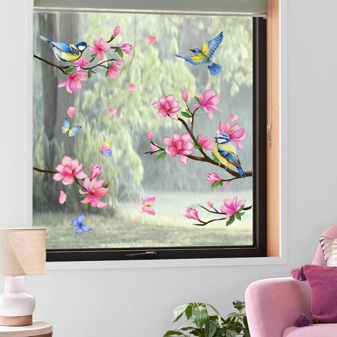 Supzone Peach Blossom Window Clings Branch Birds Butterfly Window Decals Reusable Thicken Anti-Collision Double-Side Window Stickers for Living Room Home Window Glass Door Decoration in Saudi Arabia