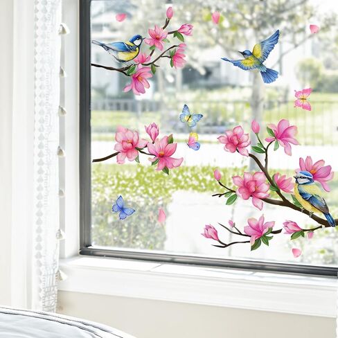 Supzone Peach Blossom Window Clings Branch Birds Butterfly Window Decals Reusable Thicken Anti-Collision Double-Side Window Stickers for Living Room Home Window Glass Door Decoration in Saudi Arabia