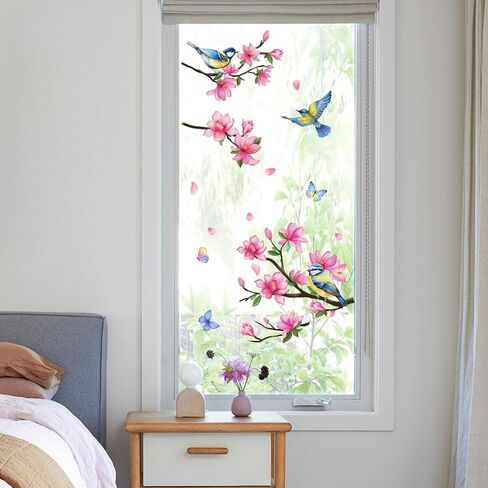 Supzone Peach Blossom Window Clings Branch Birds Butterfly Window Decals Reusable Thicken Anti-Collision Double-Side Window Stickers for Living Room Home Window Glass Door Decoration in Saudi Arabia
