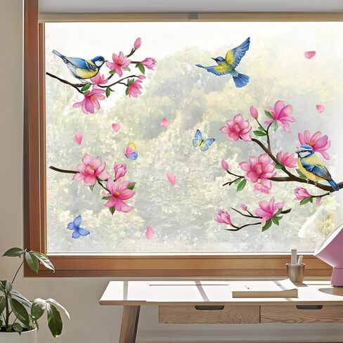 Supzone Peach Blossom Window Clings Branch Birds Butterfly Window Decals Reusable Thicken Anti-Collision Double-Side Window Stickers for Living Room Home Window Glass Door Decoration in Saudi Arabia