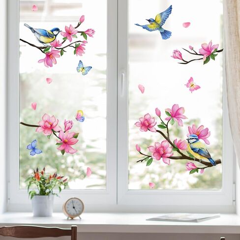 Supzone Peach Blossom Window Clings Branch Birds Butterfly Window Decals Reusable Thicken Anti-Collision Double-Side Window Stickers for Living Room Home Window Glass Door Decoration in Saudi Arabia