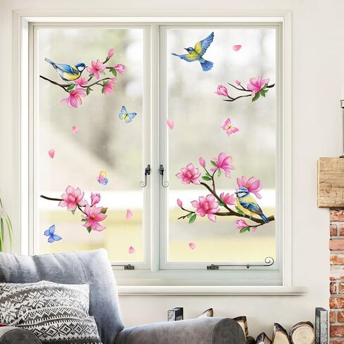 Supzone Peach Blossom Window Clings Branch Birds Butterfly Window Decals Reusable Thicken Anti-Collision Double-Side Window Stickers for Living Room Home Window Glass Door Decoration in Saudi Arabia