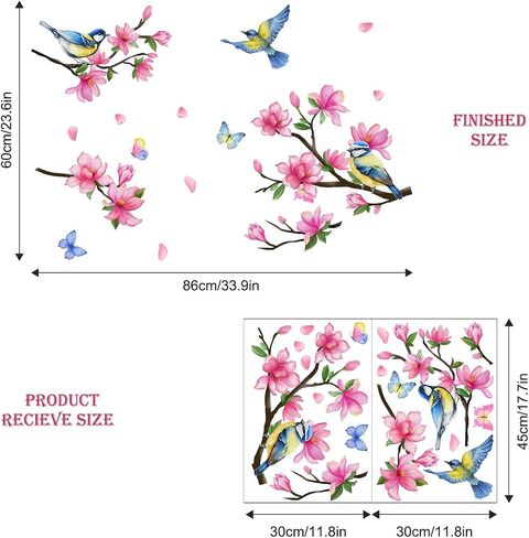 Supzone Peach Blossom Window Clings Branch Birds Butterfly Window Decals Reusable Thicken Anti-Collision Double-Side Window Stickers for Living Room Home Window Glass Door Decoration in Saudi Arabia