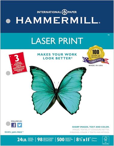ورق Hammermill، ورق طباعة ليزر ممتاز مقاس 8.5 × 11، حجم الحروف، 3 فتحات، ورق 24 رطل، 98 ساطع، 1 رزمة / 500 ورقة (107681R) in Kuwait