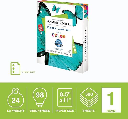 ورق Hammermill، ورق طباعة ليزر ممتاز مقاس 8.5 × 11، حجم الحروف، 3 فتحات، ورق 24 رطل، 98 ساطع، 1 رزمة / 500 ورقة (107681R) in Kuwait