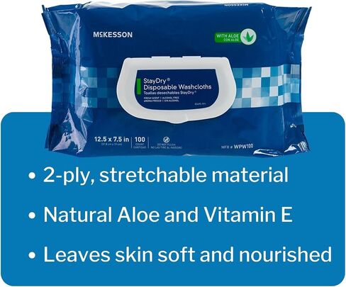 McKesson StayDry Disposable Wipes or Washcloths for Adults with Aloe, Incontinence, Alcohol-Free, Not-Flushable, Pleasantly Fragranced Aloe and Vitamin E Formula in Saudi Arabia