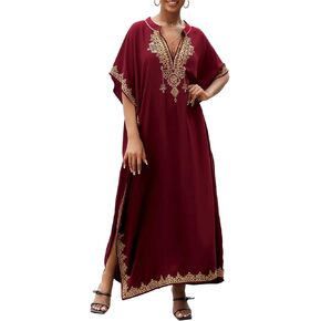 Eddoyee Kaftan Dresses for Women Embroidered Short Sleeve V-Neck Plus Size Caftan Bikini Swimsuit Cover-Up Long Beach Dress