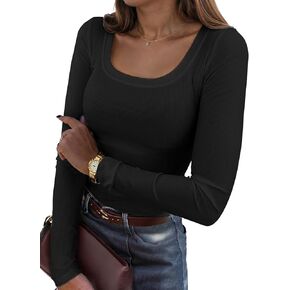 Bluetime Women's Scoop Neck Long Sleeve T-Shirts Ribbed Knit Casual Tops Tee Slim Fitted Basic Shirts