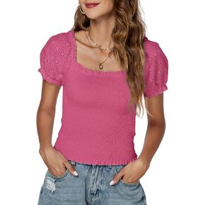 LYANER Women's Square Neck Shirred Eyelet Embroidered Puff Short Sleeve Ruffle Trim Blouse Crop Top