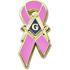 Square & Compass Breast Cancer Awareness Ribbon Masonic Lapel Pin - [Pink & Gold][1 1/4'' Tall]