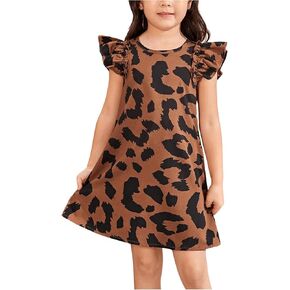 WDIRARA Toddler Girls Leopard Print Cap Ruffled Sleeve Dress Round Neck Mini Dresses