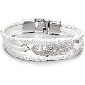 COOLSTEELANDBEYOND Feather Braided Leather Bracelet for Men Women Three-Row Leather Wristband