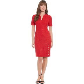 London Times Women's Elegant Short Sleeve V-Neck Sheath Knee Length with Gold Button Detail-Versatile Cocktail Dress