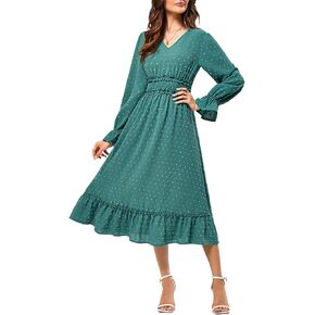 JASAMBAC Women's 2024 Fall Maxi Dresses Casual Long Sleeve V Neck Swiss Dot High Waist Tiered Swing Flowy Boho Long Dress
