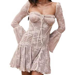 Women's Elegant Square Neck Wedding Floral Lace Cocktail Party A Line Dress Long Sleeve Bodycon Dresses