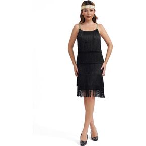 Women's Layered Fringe Cami Mini Dress with Headband Gatsby Sleeveless All-Over 1920s Flapper Cocktail Party Dress