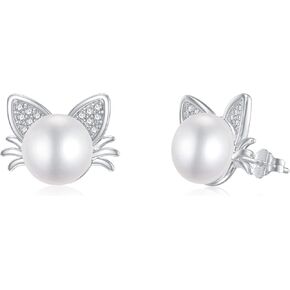 Natural Diamond Pearl Earrings/Cat Pearl Stud for Women Sterling Silver Diamond Freshwater Cultured Pearl Dangle Earrings for Women