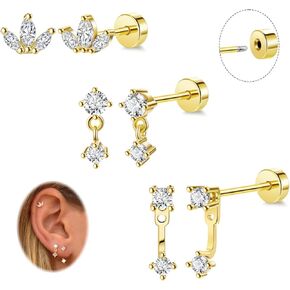 REVOLIA 3 Pairs 14K Gold Plated Threadless Flat Back Earrings for Women Dainty Flower Cubic Zirconia Stud Earrings Push in Cartilage Helix Piercing Jewelry for Sensitive Ears