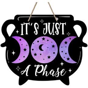 Deroro Purple Halloween Moon Phase Cauldron Front Door Sign, Witch It's Just a Phase Solar Eclipse Wood Door Hanger Outdoor Outside Porch Decor, Astronomy Wooden Wreath Indoor Wall Hanging Decoration