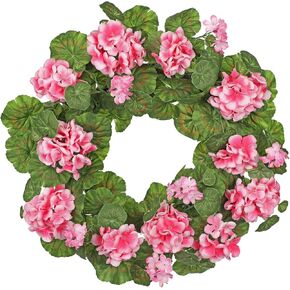 Briful 19.6-Inch Geranium Wreath with Lush Greenery Faux Wreath – Perfect for Spring & Summer Door, Wall, or Mantel Decor, Red