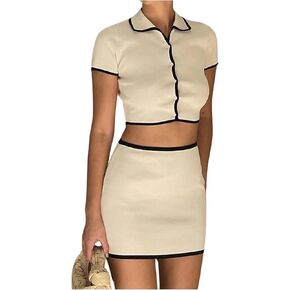 Verdusa Women's 2 Piece Outfits Button Front Crop Tee and Mini Pencil Skirt Sets