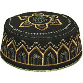 Men Muslim Prayer Kufi Hat, Islam Skull Embroidery Cap Beanie Hat Prayer Headwear Ramadan Eid Gift(Green Black)