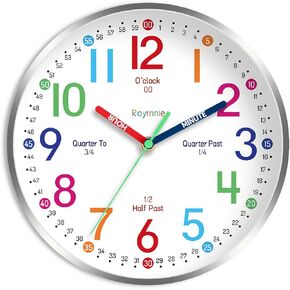 Wall Clock for Kids Learning to Tell Time Easily Kids Teaching Clock Silent Non Ticking Battery Operated Colorful Teaching Time Clock Decorative for Kids Room Classroom School (8 Inch)
