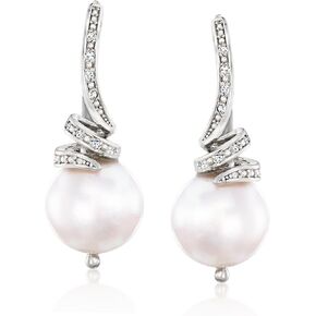 Ross-Simons 10.5-11mm Cultured Pearl and .10 ct. t.w. Diamond Drop Earrings in Sterling Silver