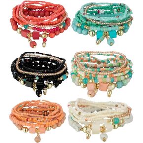 Boho Multilayer Stretch Beaded Bracelets for Women – Set of 6 Beaded Bracelet Colorful Rice Beads, Stackable Fashion Jewelry, Ideal for Festivals, Summer Parties, Beachwear, and Casual Outfits