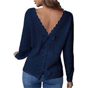 MakeMeChic Women's Bow Knot Back Sweater Long Sleeve V Neck Scallop Trim Knitted Pullovers Top