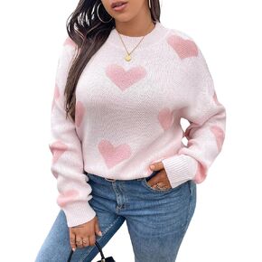 Floerns Women's Plus Size Heart Print Crew Neck Long Sleeve Drop Shoulder Knit Pullover Sweater