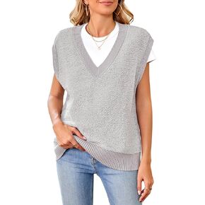 Arach&Cloz Sweaters Vest Women Fall Fleece Sleeveless V Neck Loose Ribbed Knit Pullover Sweater Vest Tops for Women