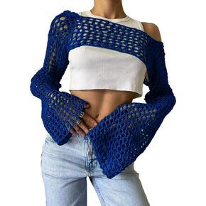 hathne Women Hollow Out Sweater Crop Flounce Off Knit Top See Through Crochet Trumpet Long Sleeve Knit Top