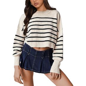 UANEO Womens Easy Street Stripe Crop Pullover 2024 Long Sleeve Cropped Sweater Knit Jumper Tops