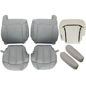 SecosAutoparts Leather Gray #922 Front Both Sides Bottom & Top Lean Back & Armrest & Driver Foam Cushion Seat Cover Compatible with Chevy Silverado Tahoe Sierra Suburban Avalanche 1999 2000 2001 2002