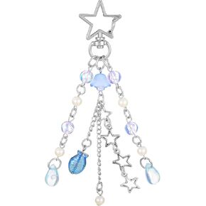 Jellyfish Keychain Cute Ocean Style Bag Charms Fish Aesthetic Car Keychains Metal Star Beaded Tassels Purse Accessories Decoration for Women Teen Girls Gifts Key Handbags Backpack