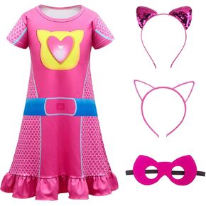 Superhero Dress Princess Short Sleeved Dress, Headbands and Mask For Birthday Halloween Christmas For 4-8Years