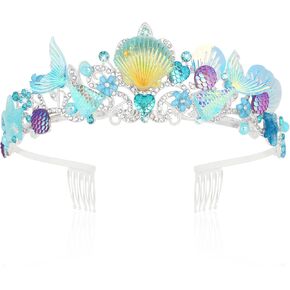 تاج حورية البحر لديكورات أعياد الميلاد - تيجان صدف للنساء والفتيات، زي حورية البحر تاج الأميرة - أزرق in Kuwait