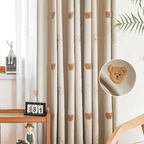 Cartoon Bears Kids Blackout Curtains for Babys Bedoom Living Room Grommet Top Beige Embroidery 3D Bear Darkening Curtain for Nursery Baby Room 1 Panel (W52 L84 inch,Beige)