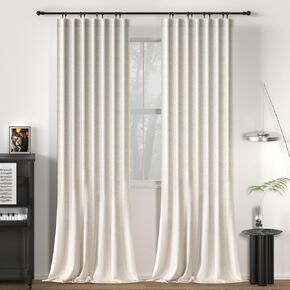 100% Blackout Pinch Pleated Curtains 96 Inch Length 2 Piece,Natural Linen Blend Boho Curtains Farmhouse Style Bedroom Window 8ft Hooked Belt Pleated/Back Tie, Beige Cream