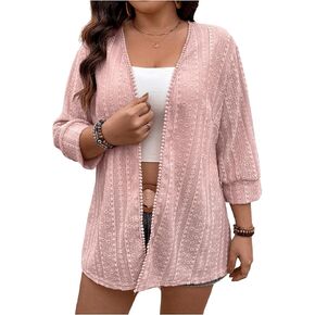 OYOANGLE Women's Plus Size Open Front 3/4 Sleeve Solid Knitted Cardigan Outerwear Cover Up