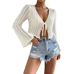 Floerns Women's Scallop Trim Trumpet Long Sleeve Tie Front Cardigan Crop Top