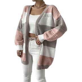 Women's Open Front V Neck Cardigan Sweaters Striped Long Sleeve Knit Tops Casual Comfy Drop Shoulder Outerwear